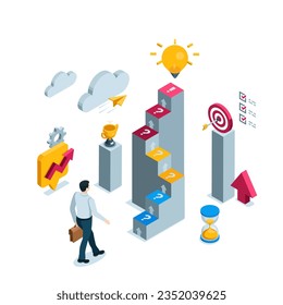 isometric man walks to the steps on top of which a light bulb shines in color on a white background, target icons with an arrow and a trophy, the path to business success