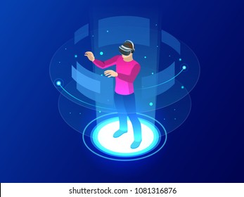 Isometric Man wearing goggle headset with touching vr interface. Into virtual reality world. Future technology