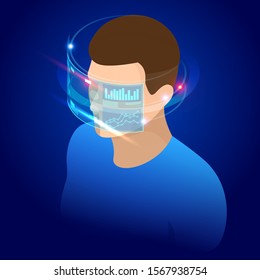 Isometric man wearing goggle headset with touching vr interface. Into virtual reality world. Future technology