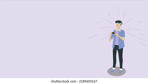 Isometric Man wearing goggle headset with touching vr interface. Into virtual reality world. Future technology. Enthusiastic man using virtual reality glasses and touching vr interface. Vector