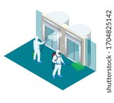 Isometric man wearing a protective suit disinfects passenger or cargo elevators with a spray gun. Virus pandemic COVID-19. Prevention against Coronavirus disease COVID-19.