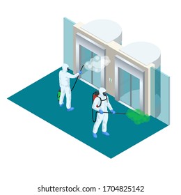 Isometric Man Wearing A Protective Suit Disinfects Passenger Or Cargo Elevators With A Spray Gun. Virus Pandemic COVID-19. Prevention Against Coronavirus Disease COVID-19.