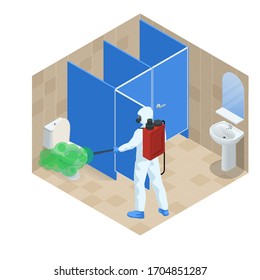 Un hombre isométrico vestido con traje protector desinfecta el baño público con una pistola de aerosol. Pandemia de virus COVID-19. Prevención de la enfermedad de Coronavirus COVID-19.