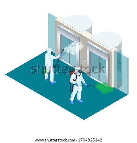 Isometric man wearing a protective suit disinfects passenger or cargo elevators with a spray gun. Virus pandemic COVID-19. Prevention against Coronavirus disease COVID-19.