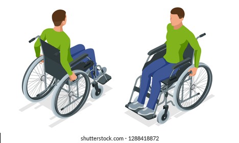 Isometric man in a wheelchair using a ramp isolated. Chair with wheels, used when walking is difficult or impossible due to illness, injury, or disability. Medical support equipment.