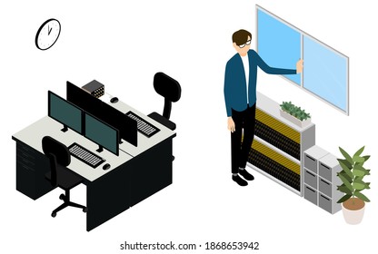 Isometric, a man who opens windows for ventilation in the office