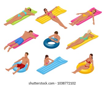 Isometric man and woman on Floating air mattress. Vector illustration. Enjoying suntan. Travel, holidays, youth and friendship concept