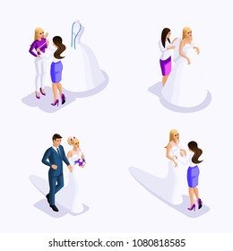 Isometric man and woman preparing for the wedding, the bride and groom, fitting the dress, sewing workshop, beautiful attire of the bride