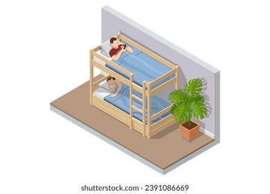 Isometric man and woman sleeping in two level bed at night. Hostel room and two-level beds with linens