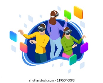 Isometric man and woman using a virtual reality glasses. Futuristic gadgets, virtual reality headset concept for web banner flat design of promotion