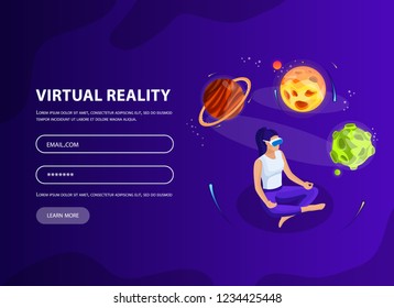 Isometric man, woman in virtual reality glasses. Isometric space and space with planets. Colorful planets of fantasy cartoons. Vector illustration