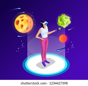 Isometric man, woman in virtual reality glasses. Isometric space and space with planets. Colorful planets of fantasy cartoons. Vector illustration