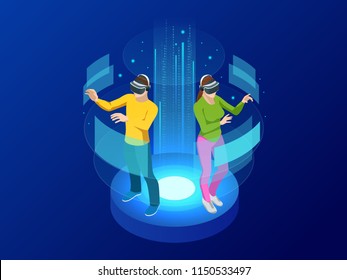 Isometric Man And Woman Wearing Virtual Reality Goggles. Augmented Realty Concept. Man Wearing Goggle Headset With Touching Vr Interface. Into Virtual Reality World. Future Technology