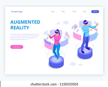 Isometric Man And Woman Wearing Virtual Reality Goggles. Augmented Realty Concept. Man Wearing Goggle Headset With Touching Vr Interface. Into Virtual Reality World. Future Technology