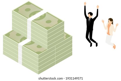 Isometric, a man and a woman who are happy to fly in front of a lump of bills