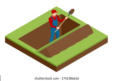 Isometric a man in work clothes digging a hole. Construction worker with a shovel. Worker digging with a shovel isolated on white