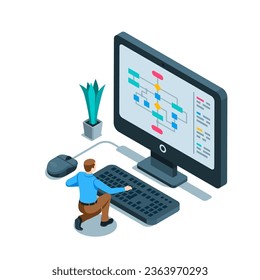 isometric man working at a computer, in color on a white background, constructing a program diagram or plan