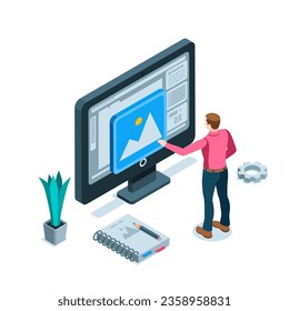 isometric man working in a graphics program with an image on a computer screen in color on a white background, designer or illustrator