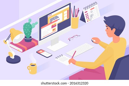 Hombre isométrico trabajando en casa o en la oficina de ilustraciones vectoriales interiores. Caricatura 3.d joven empresario profesional personaje sentado en el escritorio, usando computadora para trabajo de negocios antecedentes