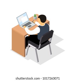 Isometric man working at laptop. 