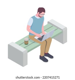 Isometric man working on laptop in park with cup of coffee 3d vector illustration