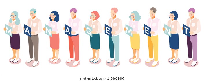 Isometric management people set background with row of isolated human characters holding plates with alphabetical characters vector illustration