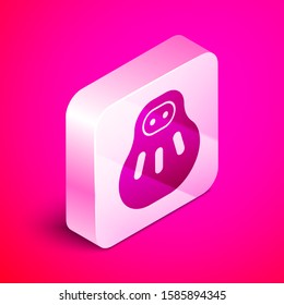 Isometric Maneki neko cat icon isolated on pink background. Japan lucky charm. Silver square button. Vector Illustration
