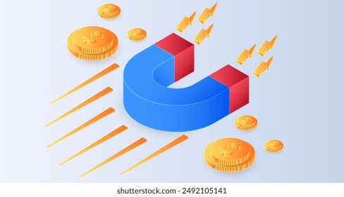 Isometric mangnet attracts gold coins on white background. Finance business profits