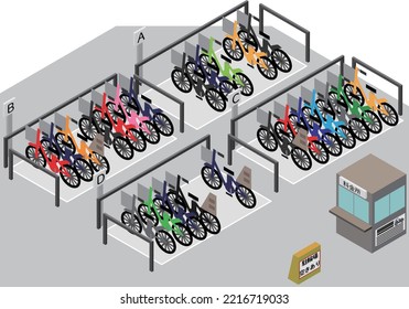 Isometric Manned Bicycle Parking Lot.
Translation:Empty Bicycle Parking Lot, Toll Gate