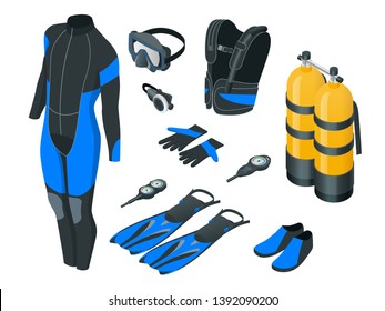 Isometric mans Scuba gear and accessories . Equipment for diving. IDiver wetsuit, scuba mask, snorkel, fins, regulator dive icons Underwater activity diving equipment and accessories Underwater sport