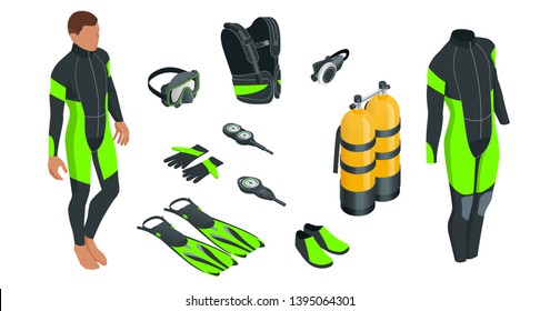 Isometric mans Scuba gear and accessories. Equipment for diving. IDiver wetsuit, scuba mask, snorkel, fins, regulator dive icons Underwater activity diving equipment and accessories Underwater sport