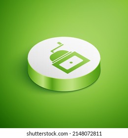 Isometric Manual coffee grinder icon isolated on green background. White circle button. Vector