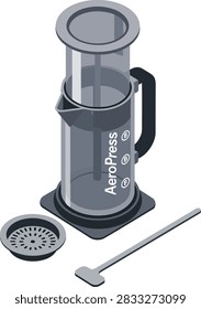 Isometric Manual Coffee Press Maker Vector with Stirrer and Filter