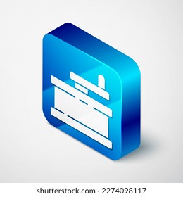 Isometric Manual grinder icon aislado en fondo gris. Botón cuadrado azul. Ilustración vectorial