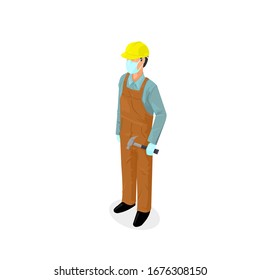 Isometric Manual Worker Labourer Wearing Protective Clothing for Covid 19 Virus outbreak - Icon vector illustration.