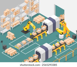 Isometric manufacture interior. Automatic production line, robotic machines work in factory. Product packaging, transportation and distribution flawless vector scene