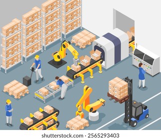 Isometric manufacturing. Workers working on assembly line, conveyor, with robotics arms and modern factory machines. Robots and people, flawless vector scene