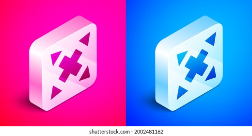 Isometric Many ways directional arrow icon isolated on pink and blue background. Silver square button. Vector