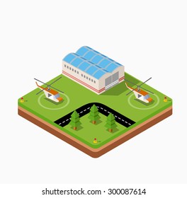 Isometric map of the airport of the city, trees and building and flying helicopters