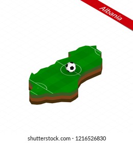 Isometric map of Albania with soccer field. Football ball in center of football pitch. Vector soccer illustration.
