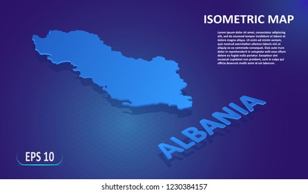 Isometric map of ALBANIA. Stylized flat map of the European country on blue background. Modern isometric or 3d location map with place for text or description. Isolated 3D concept for infographic.EPS