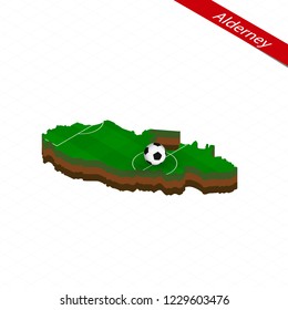 Isometric map of Alderney with soccer field. Football ball in center of football pitch. Vector soccer illustration.