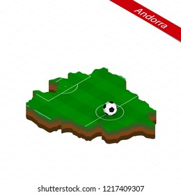 Isometric map of Andorra with soccer field. Football ball in center of football pitch. Vector soccer illustration.