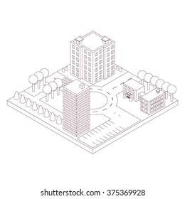 Isometric Map Of The Area. Linear Style. High-rise Office And Residential  Building And A School. Park With Trees Next To The Road And Intersection. Black Outline. Vector Illustration.