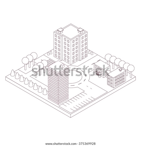 Isometric Map Area Linear Style Highrise Stock Vector