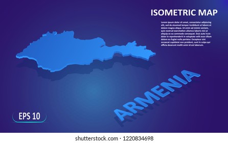 Isometric map of Armenia. Modern flat map of the European country on blue background. Isolated 3D isometric concept for infographic. Vector illustration. EPS 10.