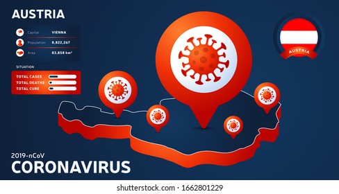 Isometric map of Austria with highlighted country vector illustration on dark background. coronavirus statistics. 2019-nCoV Dangerous chinese ncov corona virus. infographic and country info.