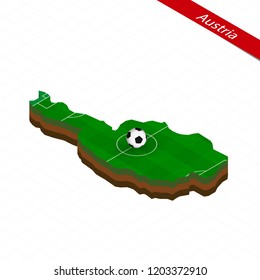 Isometric map of Austria with soccer field. Football ball in center of football pitch. Vector soccer illustration.