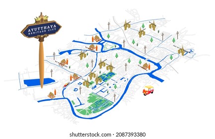 Mapa isométrico de la ciudad de Ayutthaya, la ciudad patrimonio mundial 