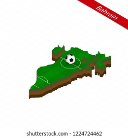 Isometric map of Bahrain with soccer field. Football ball in center of football pitch. Vector soccer illustration.